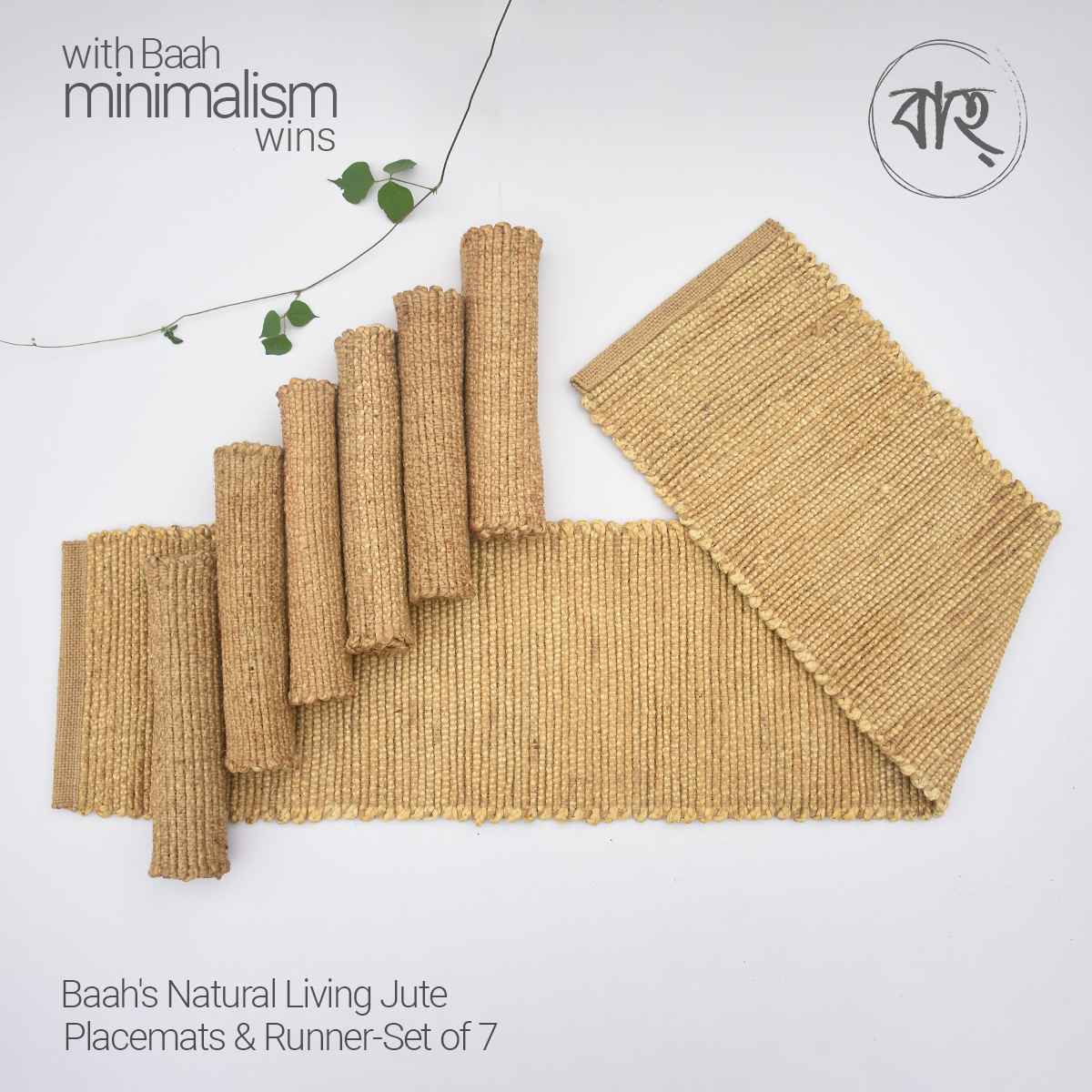 Baah's Natural Living Jute Placemats & Runner-Set of 7 (6Placemats & 1Runner)